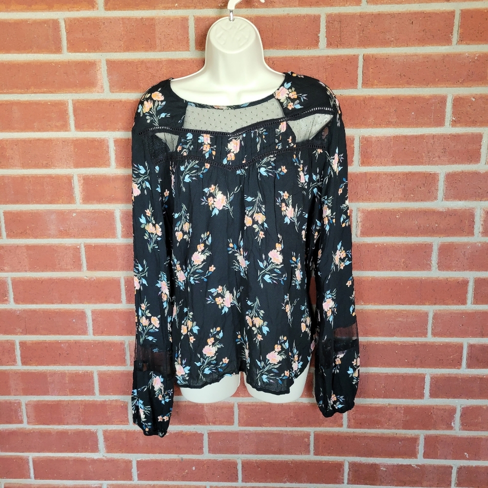 Xhilaration XXL Black Floral Sheer Mesh Long Sleeve Blouse. #417